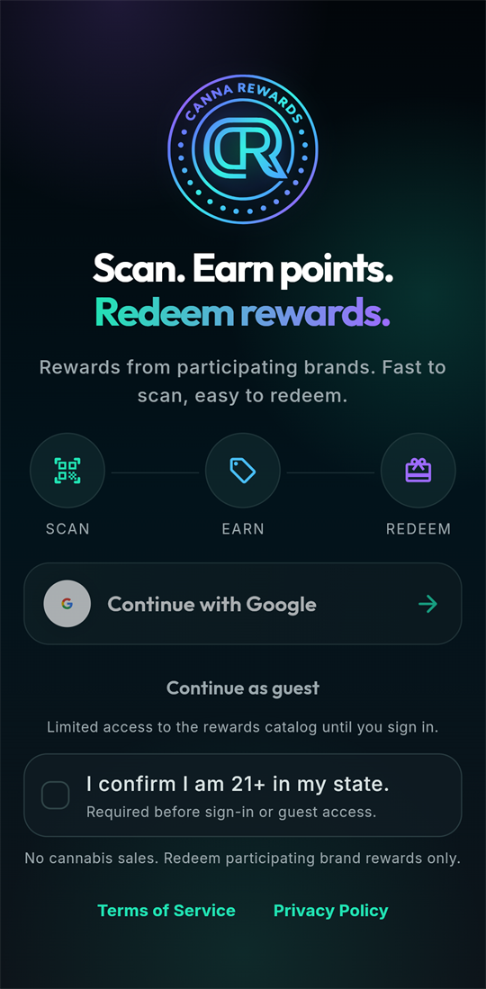CannaRewards mobile onboarding screen for joining the scan-to-rewards flow.